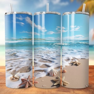 3D-zeesterren en schelpen op het strand 20oz bekerwikkel mager, recht en taps, sublimatieontwerp beker, digitale download, png PNGEgg