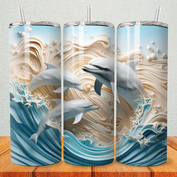 Dauphins 3D surfant sur les vagues 20oz Tumbler Wrap Skinny Straight and Tapered, Tumbler Sublimation Design, Téléchargement numérique PNG