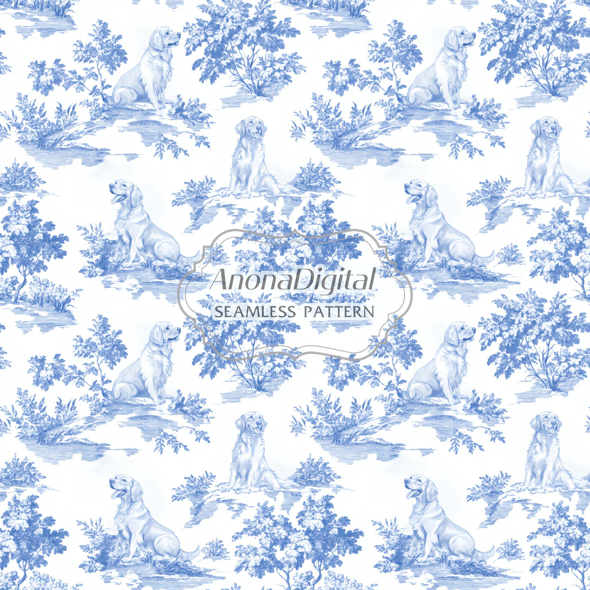 Toile De Jouy Seamless Pattern, Golden Retriever Dog Wallpaper Background for Dog Lover Gifts, Fabric Print, Instant Download for Crafts