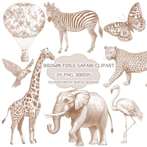 Brown Toile De Jouy Safari Animal, Chinoiserie png, Toile Nursery Clipart, French Toile de Jouy, Digital Download, Baby Shower Toile Clipart