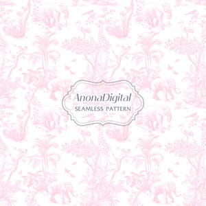 Carta digitale Toile De Jouy, motivo senza soluzione di continuità con safari africano, sfondi chinoiserie rosa e bianchi, carta per scrapbooking digitale, stampa su tessuto