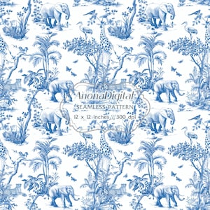 Patrón sin costuras de safari africano Toile de Jouy azul, descarga digital, fondo chinoiserie, papeles, manualidades