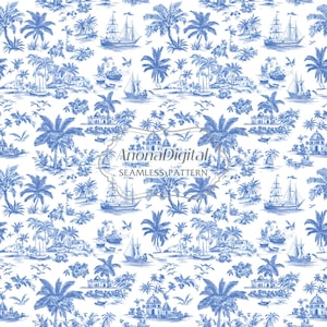 Toile De Jouy Vintage Segelschiff Muster, Karibik Insel Blau Hintergrund für Stoff Druck, digitales Papier, sofortiger Download