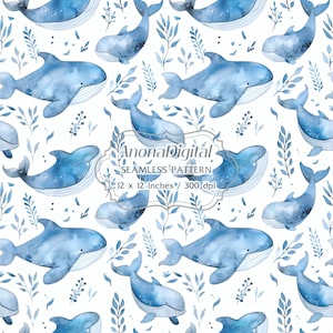 May include: A seamless pattern with watercolour illustrations of blue whales and leafy sprigs on a white background. The pattern is 30.48 x 30.48 cm and 300 dpi. The text "AnonaDigital SEAMLESS PATTERN" is also visible.