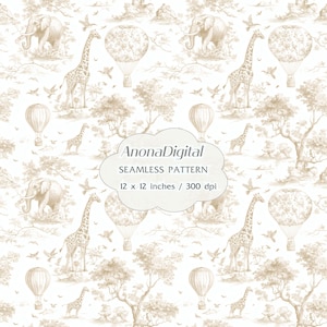 Può includere: Motivo senza cuciture color seppia con giraffe, elefanti, mongolfiere e uccelli. Il design include alberi ed elementi del paesaggio, con il testo "AnonaDigital SEAMLESS PATTERN 12 x 12 inches / 300 dpi". Misura 30,48 cm x 30,48 cm.