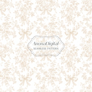 Padrão sem emendas de laço vintage com estampa floral em tecido bege Toile De Jouy, papel de parede para quarto de bebê, download instantâneo para artesanato