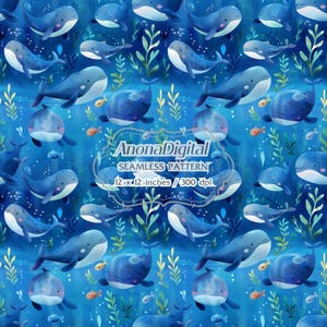 Whale Ocean Seamless Pattern, Digital Download, Kids Watercolor Design for papers, fabrics, crafts