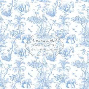 Jasnoniebieski wzór Toile De Jouy w afrykańskim safari, bezszwowe tło, do pobrania w wersji cyfrowej, tło w stylu chinoiserie, rękodzieło