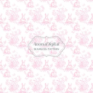 Papel digital Toile De Jouy, padrão de coelho sem costura, fundos de chinoiserie rosa e branco, padrões de berçário, papel de scrapbook, impressão de tecido