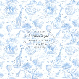 Tela estampada sin costuras con diseño Toile de Jouy azul estilo safari. Fondo chinoiserie para habitación infantil. Descarga el archivo para manualidades.