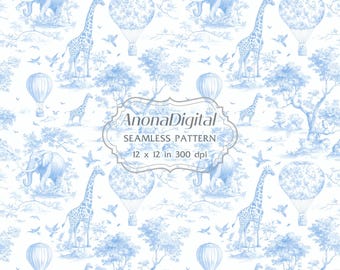 Pale Blue Toile De Jouy Safari Seamless Pattern, Digital Download Chinoiserie Background for Crafts