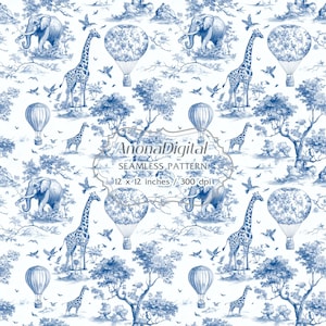 Niebieski wzór Safari Toile De Jouy, tło Chinoiserie do pobrania w wersji cyfrowej