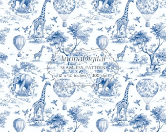 Blue Toile De Jouy Safari Seamless Pattern, Digital Download Chinoiserie Background for Crafts