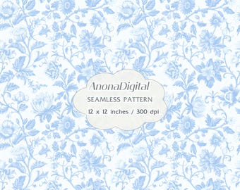 Toile de Jouy Vintage Blue Floral Seamless Pattern, Digital Download, Chinoiserie background for crafts