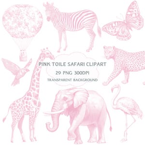 Pink Toile De Jouy Safari Animal, Chinoiserie png, Toile Nursery Clipart, French Toile de Jouy, Digital Download, Baby Shower Toile Clipart
