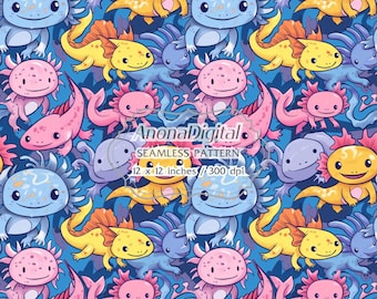Axolotls nahtlose Muster, digitaler Download, Kinder Cartoon Hintergrund für Papiere, Stoffe, Kunsthandwerk