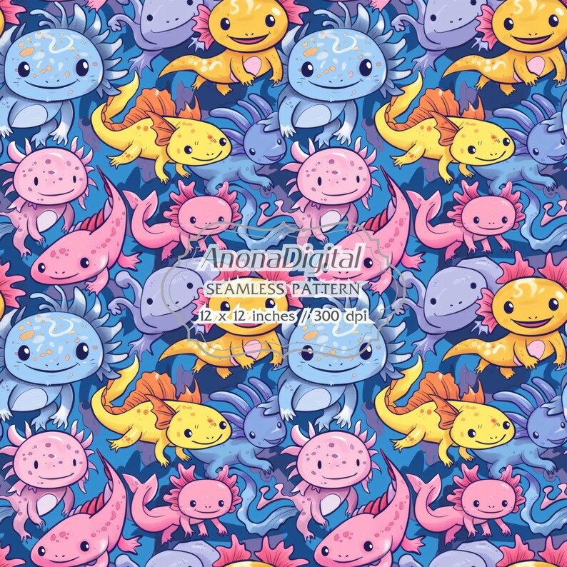 Axolotls Seamless Pattern, Digital Download, Kids Cartoon Background ...
