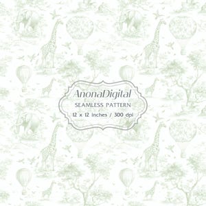 May include: Seamless pattern in a soft green and white color scheme. The design features giraffes, elephants, hot air balloons, trees, and birds. The text "AnonaDigital SEAMLESS PATTERN 12 x 12 inches / 300 dpi" is visible.