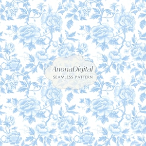 Pale Blue Chinoiserie Toile de Jouy Vintage Floral Seamless Pattern, Blue And White Chinoiserie Background, instant download digital paper