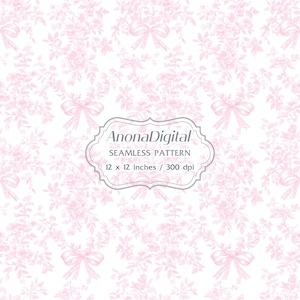 Pink Toile De Jouy Coquette Vintage Bow Seamless Pattern, Floral Fabric Print, Nursery Wallpaper Background, Instant Download for Crafts