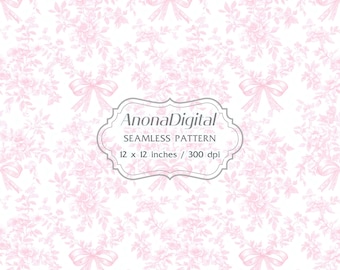 Pink Coquette Floral Bow Toile Seamless Pattern, Digital Download Ribbon Background for papers, crafts