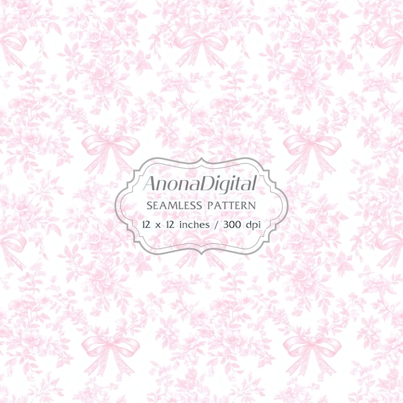 Pink Coquette Floral Bow Toile Seamless Pattern, Digital Download Ribbon Background for papers, crafts