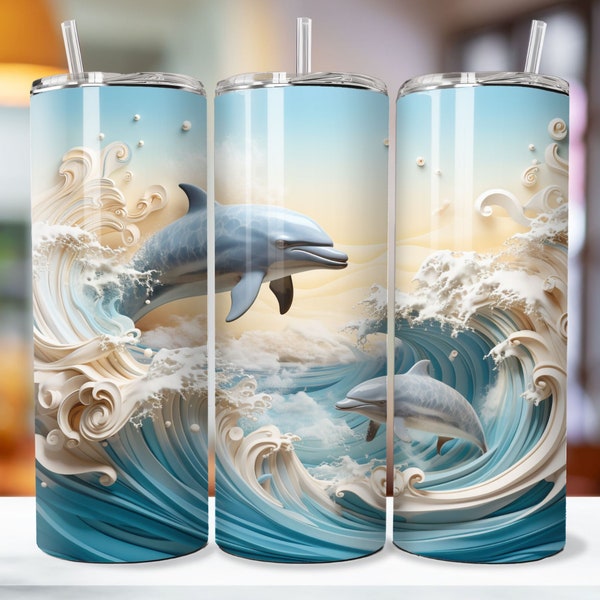 Dauphins 3D sautant par-dessus les vagues 20 oz gobelet wrap skinny droit et conique, conception de sublimation de gobelet, téléchargement numérique PNG