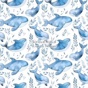 Whale Cute Sea Ocean Seamless Pattern, watercolor whale seamless pattern, seamless whale background, blue whale pattern, digital download