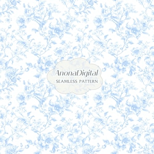 Blue French Toile De Jouy Floral Seamless Pattern, French Toile Pattern for Baby Shower, Wedding Party, Fabric Print, Digital Paper Download