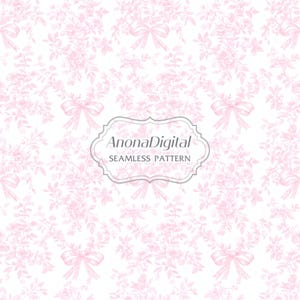 Motivo senza cuciture con fiocco vintage Coquette Toile De Jouy rosa, stampa floreale su tessuto, sfondo per carta da parati per cameretta dei bambini, download immediato per lavori artigianali