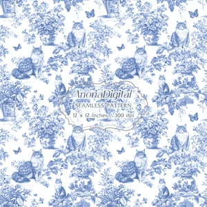 May include: A seamless pattern in blue and white featuring cats, butterflies, and floral arrangements. The design includes vases and decorative elements, with the text "AnonaDigital SEAMLESS PATTERN 12 x 12 inches // 300 dpi".
