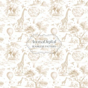 Beige chinoiserie toile de jouy safari naadloze patroon stof papier wordt afgedrukt kinderkamer achtergrond voor kinderen direct downloaden voor ambachten