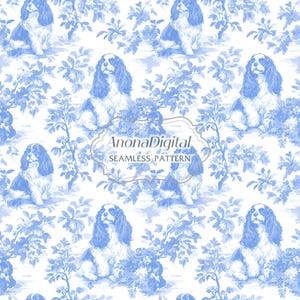 Naadloze toile de jouy-patroon, Cavalier King Charles-behangachtergrond voor hondenliefhebber, stofafdruk, Instant Download voor ambachten