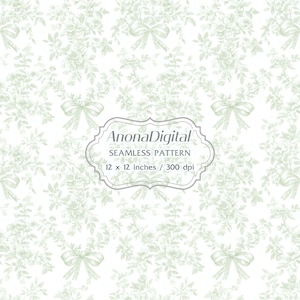 May include: Seamless pattern featuring a delicate floral design with bows in a soft green hue on a white background. The pattern is 12 x 12 inches and 300 dpi. The text "AnonaDigital" and "Seamless Pattern" are also visible.