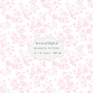 Może przedstawiać: Bezszwowy wzór kwiatowy z delikatnymi różowymi różami na białym tle. Wzór zawiera róże i inne elementy kwiatowe. Obraz zawiera również tekst "AnonaDigital SEAMLESS PATTERN 12 x 12 inches / 300 dpi".