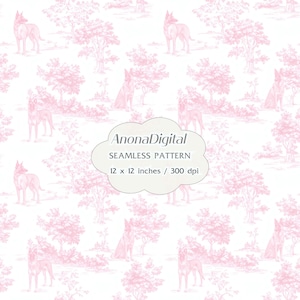 May include: A seamless pattern featuring a pink toile design with dogs and trees on a white background. The pattern includes the text "AnonaDigital SEAMLESS PATTERN 12 x 12 inches / 300 dpi".