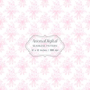May include: Seamless pattern with a repeating design of pink floral bouquets tied with bows on a white background. The image includes the text "AnonaDigital SEAMLESS PATTERN 30.5 x 30.5 cm / 300 dpi".