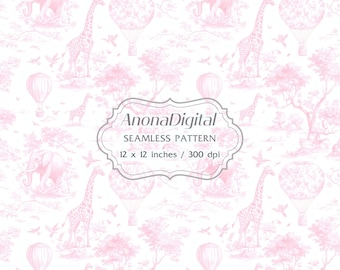 Pink Toile De Jouy Safari Seamless Pattern, Digital Download Chinoiserie Background for Crafts