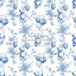Toile De Jouy Seamless Pattern, Teddy Bear Balloons Fabric Paper Prints Nursery, Baby Shower Background Instant Digital Download for Crafts