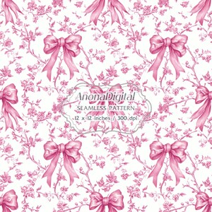 Coquette Bow Toile De Jouy Seamless Pattern, Digital Download Pink Background for papers, crafts