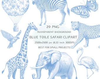 Blauwe toile de jouy-safaridier, clipart babyshower babyshower, digitale download png