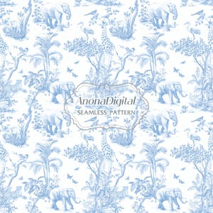 Motivo senza soluzione di continuità con motivo safari africano Toile de Jouy, sfondi chinoiserie blu e bianchi, carta digitale, stampa su tessuto, download digitale istantaneo