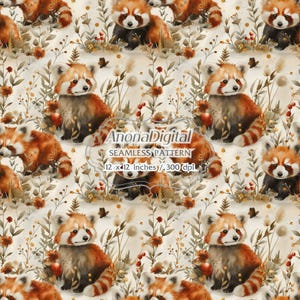 Red Panda Floral Seamless Pattern, Digital Download, Kids background for papers, fabrics, crafts