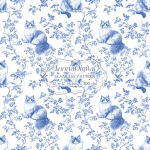 Patrón sin costuras de gato Ragdoll en azul, descarga digital, fondo para manualidades, regalos para enamorados.