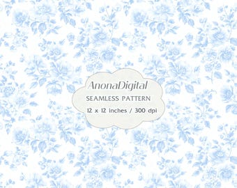 Blue Toile Vintage Floral Seamless Pattern, Digital Download, Chinoiserie background for papers, fabrics, crafts