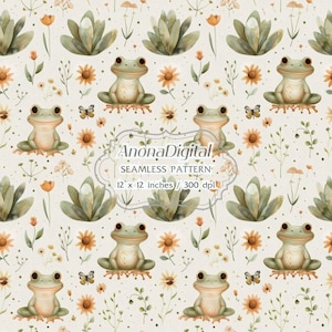 Może przedstawiać: Bezszwowy wzór z akwarelowymi ilustracjami żab, słoneczników, motyli i liści. Projekt zawiera tekst "AnonaDigital SEAMLESS PATTERN 12 x 12 inches / 300 dpi". Paleta kolorów jest miękka, z odcieniami beżu, zieleni i pomarańczy.