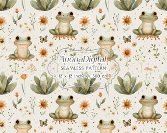 Frog Seamless Pattern, Digital Download, Watercolor Floral background for birthday gifts, papers, fabrics, crafts