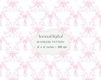 Pink Toile De Jouy Ribbonbow Seamless Pattern, Digital Download Background for papers, fabrics, crafts