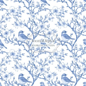 Chinoiserie Toile De Jouy Seamless Pattern, Bird on Branch Plum Blossom Blue And White Background, Instant Download Digital Paper for Crafts