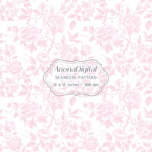 Peut inclure: Motif floral sans couture aux tons rose pâle sur fond blanc. Le design présente des illustrations détaillées de fleurs et de feuilles. L'image comprend le texte "AnonaDigital" et "Seamless Pattern" et les dimensions 30,48 x 30,48 cm.